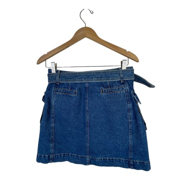 Pixie Market AR Denim Cargo Pocket Mini Skirt Sz S Blue Belted A-Line Y2K - Picture 6 of 12